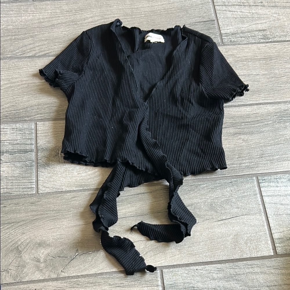 Vintage Black Ribbed Tie-Front Top